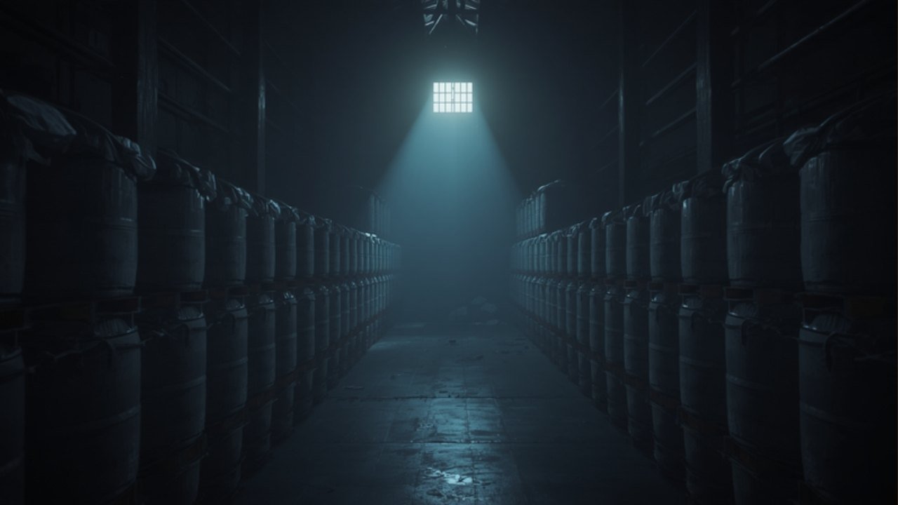 A dim warehouse aisle of identical unlabeled drums receding into shadow