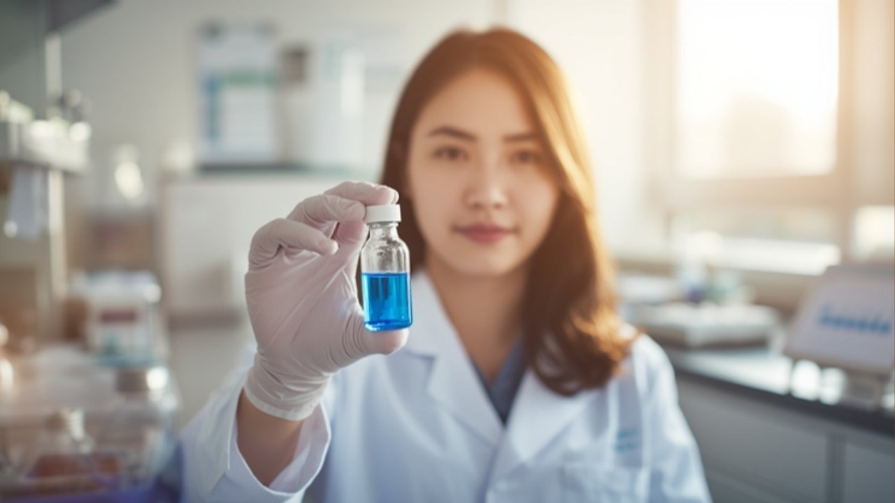 A quality-control analyst holding a vial of standardized blue extract to the light in a lab