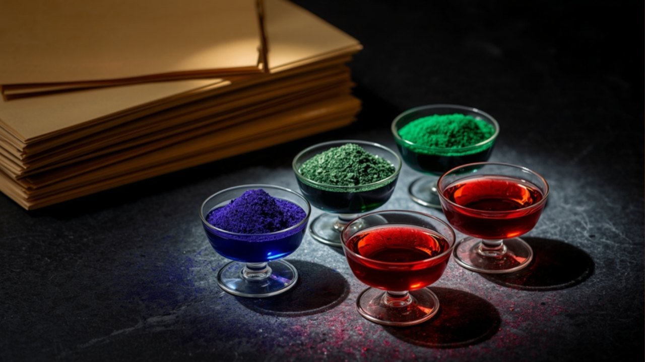 Dishes of blue, green and red standardized extracts beside a stack of documentation