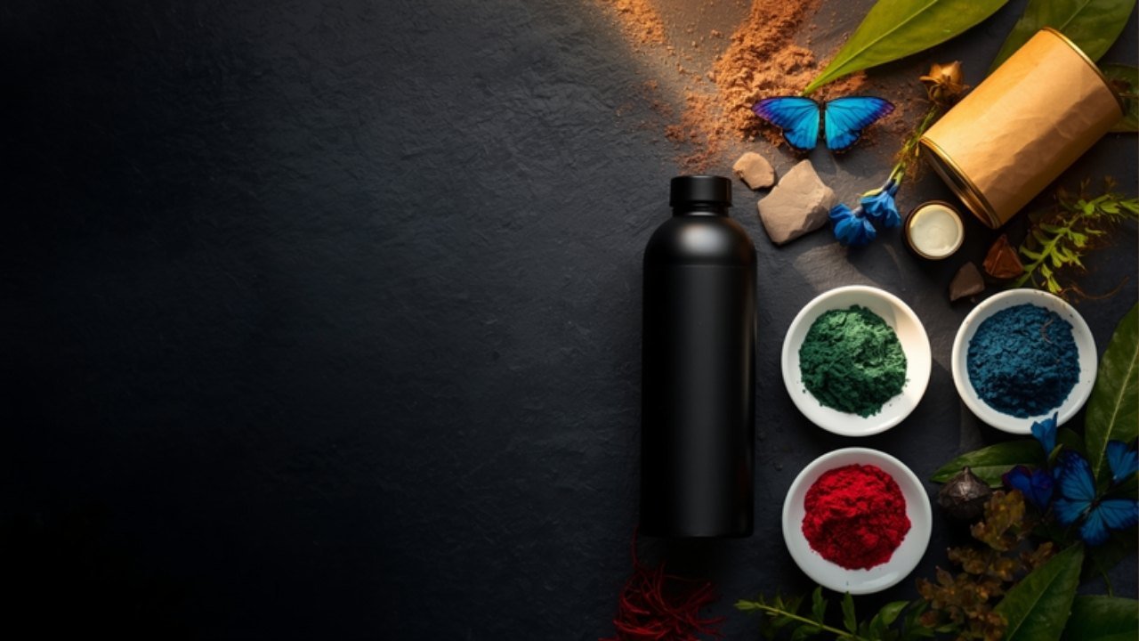 Bionutricia hero with black bottle, kraft can, blue green and red extracts and tropical botanicals