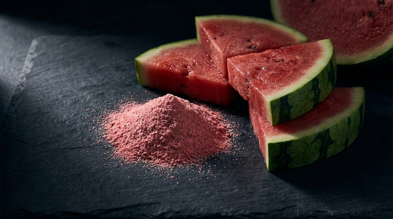 Fresh watermelon wedges beside rose-pink watermelon extract powder on dark stone