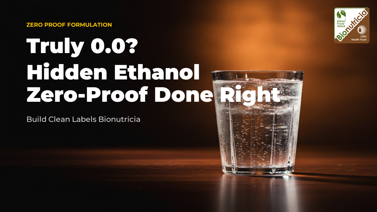 A glass of sparkling zero-proof beverage on a dark bar — alcohol-free formulation