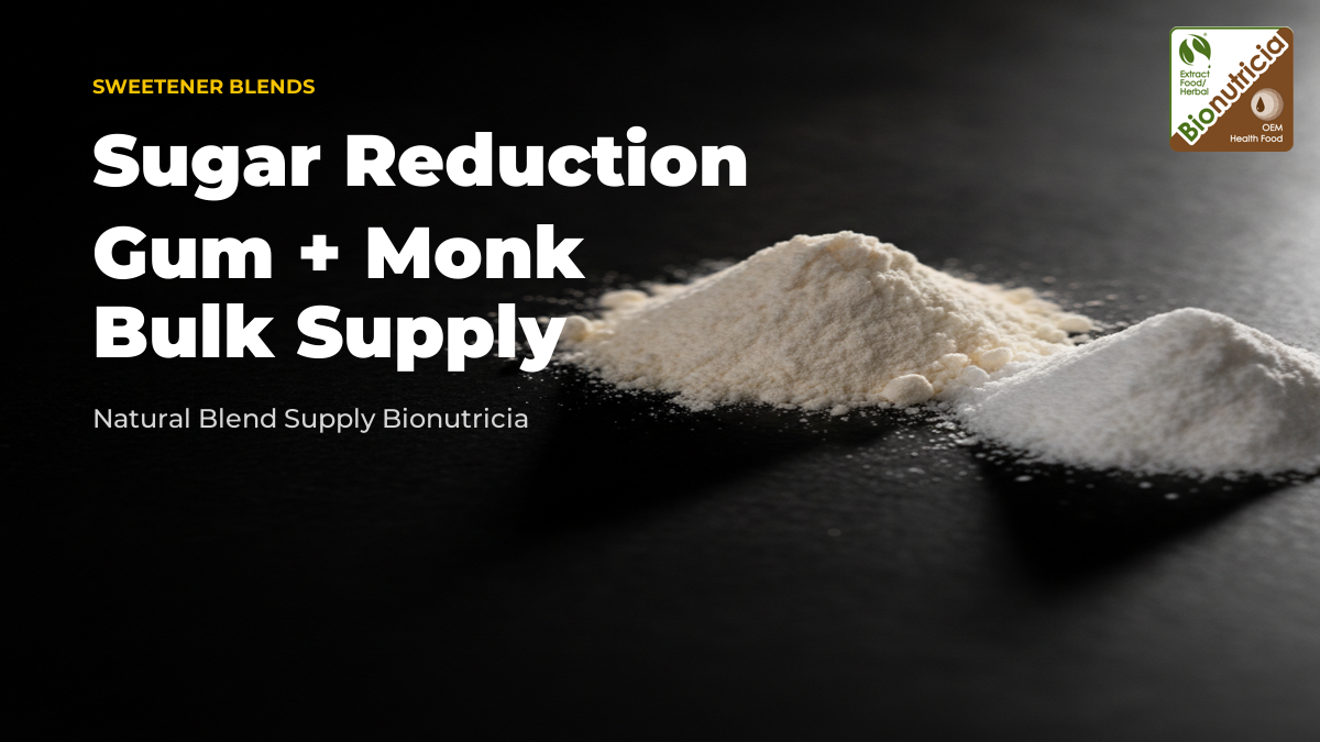 Arabic gum and monk fruit extract powders on a dark stone surface — bulk B2B blend for sugar reduction