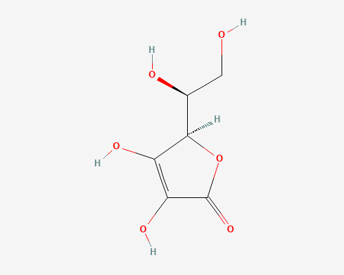 Molecular structure of L-ascorbic acid (vitamin C, C6H8O6, PubChem CID 54670067), the spec-listed active compound of passion fruit extract powder