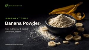 Cream-coloured banana powder in a dark bowl with dried banana slices on dark stone