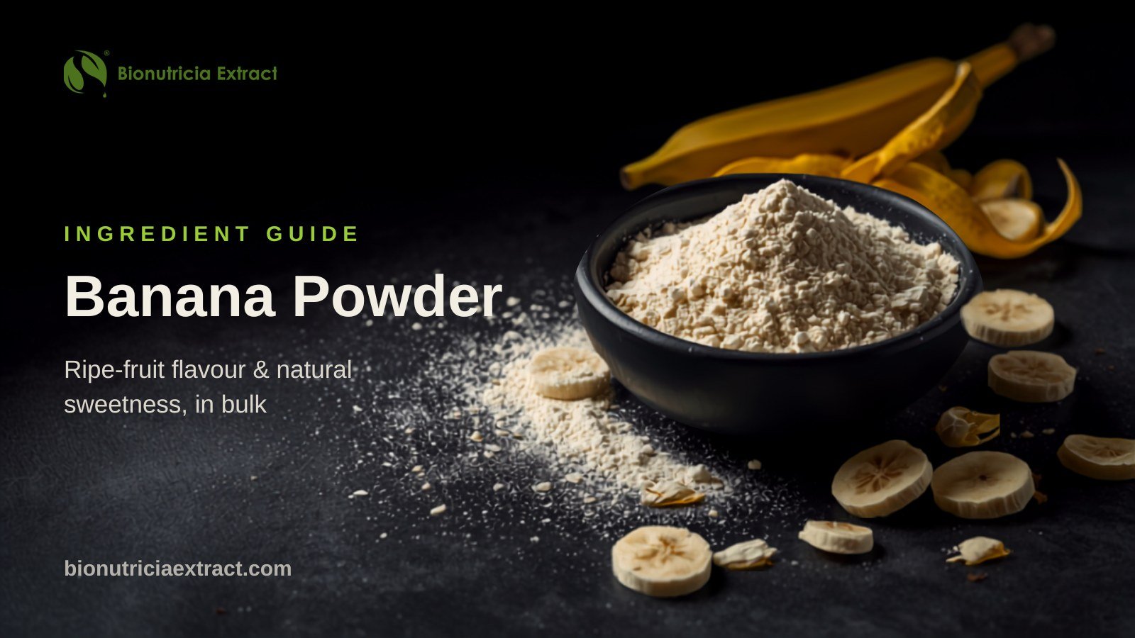 Cream-coloured banana powder in a dark bowl with dried banana slices on dark stone