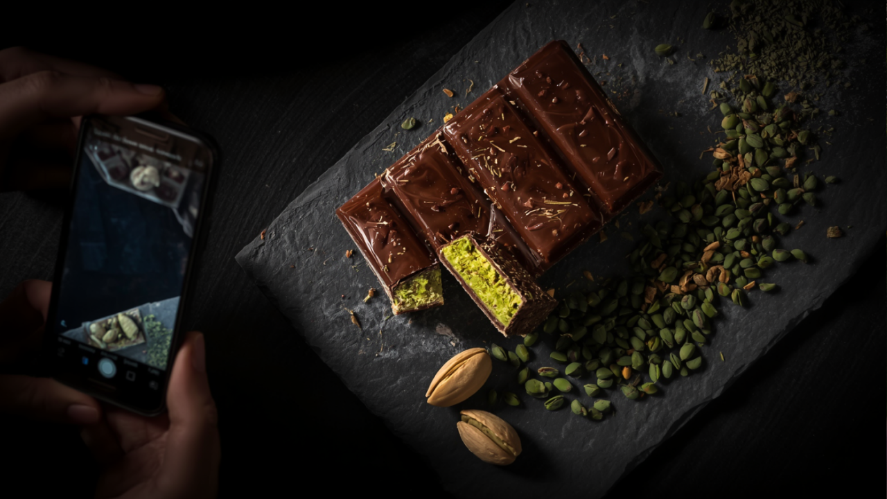 Dubai-style pistachio chocolate bar broken open, filmed on a phone