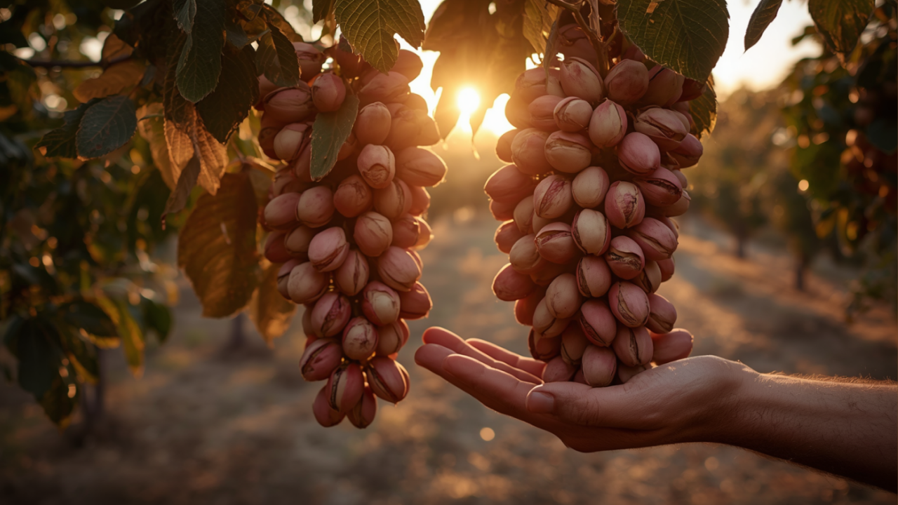 Cluster of pistachio drupes in rosy hulls at golden hour, farmer's hand beneath