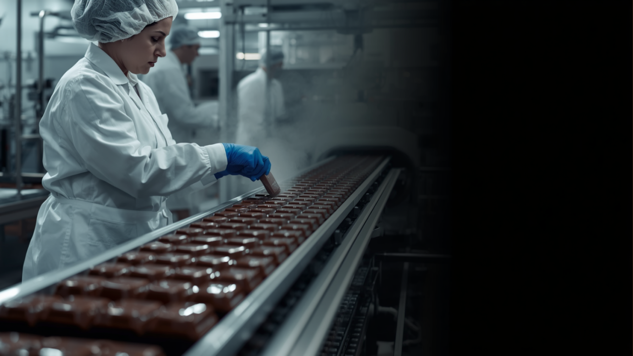 Chocolate bars on a factory conveyor being inspected by an operator
