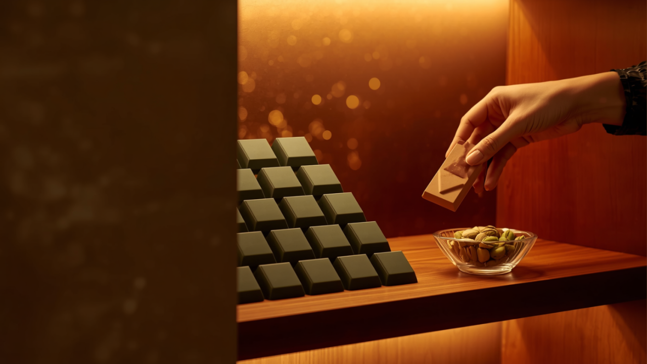 Boutique chocolate display with blank premium bars and a dish of pistachio kernels