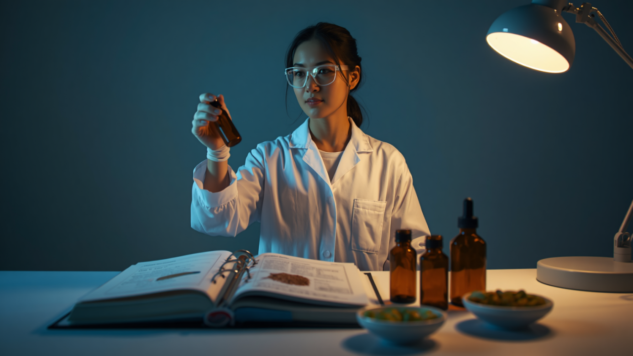 QC analyst examining an amber vial beside an open specification binder