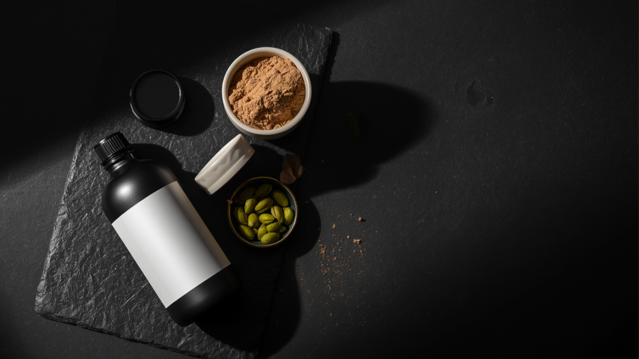 Still life of blank bottle, botanical extract powder and pistachio kernels on dark slate