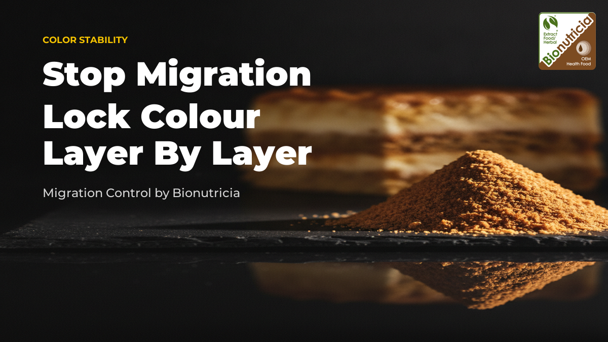 Caramel powder on a dark stone surface with layered bakery cross-section fading into shadow