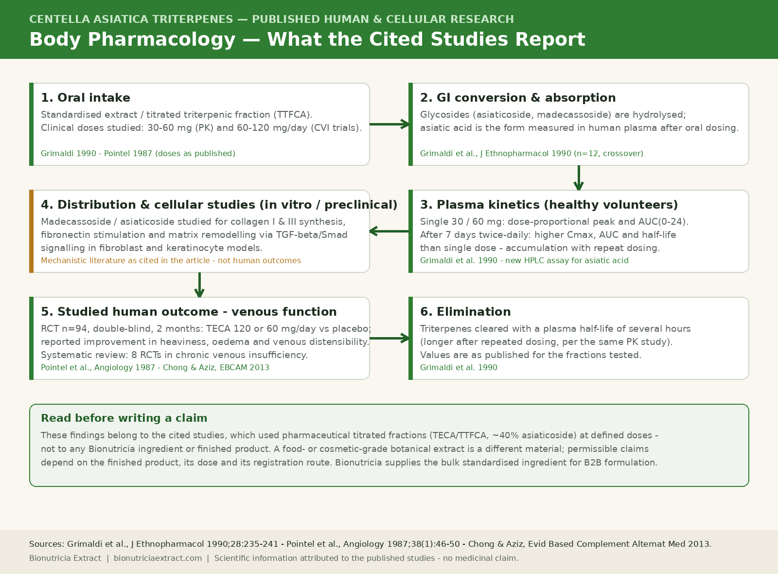 Centella asiatica triterpene pharmacokinetics diagram with cited human studies