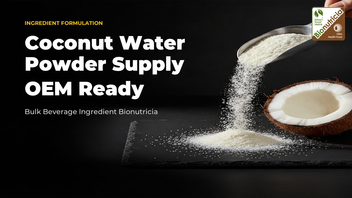 Coconut water powder cascading from a scoop beside a halved fresh coconut — bulk B2B spray-dried ingredient
