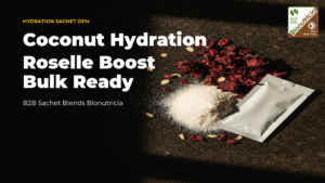 Coconut water powder with dried roselle calyx on a dark stone surface — bulk B2B hydration sachet blend