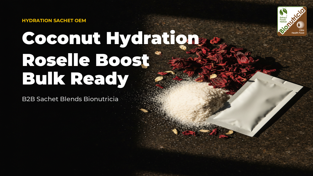 Coconut water powder with dried roselle calyx on a dark stone surface — bulk B2B hydration sachet blend