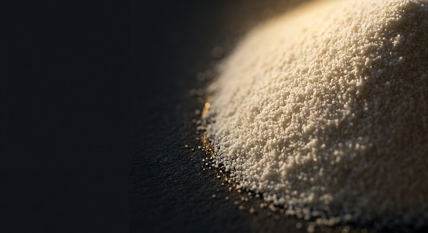 Macro shot of fine enzyme blend powder on a dark background with dramatic gold-lit highlights