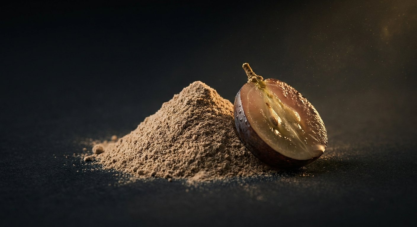 Grape extract powder with a halved fresh grape showing its flesh