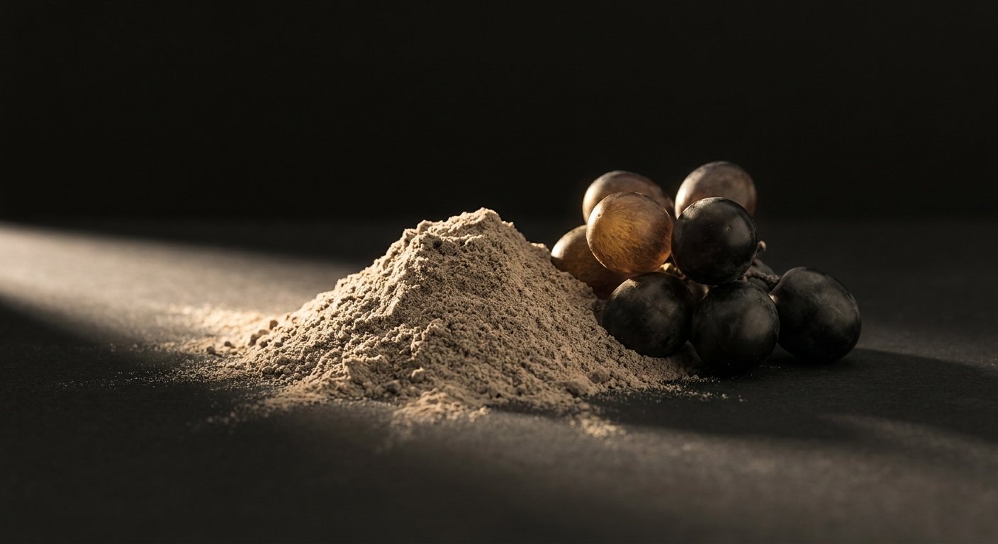 Grape extract powder with a small cluster of fresh whole grapes