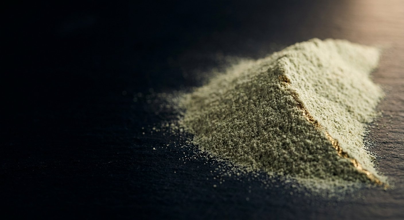 Macro shot of fine green apple extract powder on a dark background with dramatic gold-lit highlights