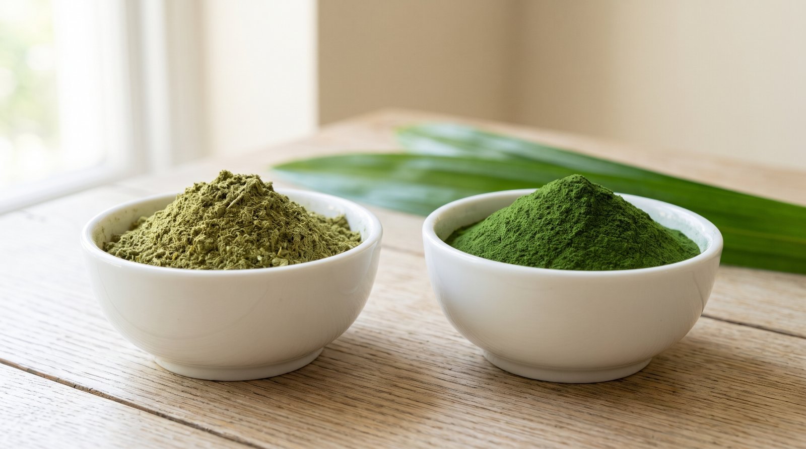 Two white bowls side by side: coarse dull olive-green ground pandan leaf powder on the left, fine vivid deep-green standardised extract powder on the right