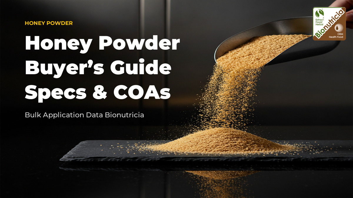 Honey powder on a dark stone surface — bulk B2B spray-dried honey ingredient