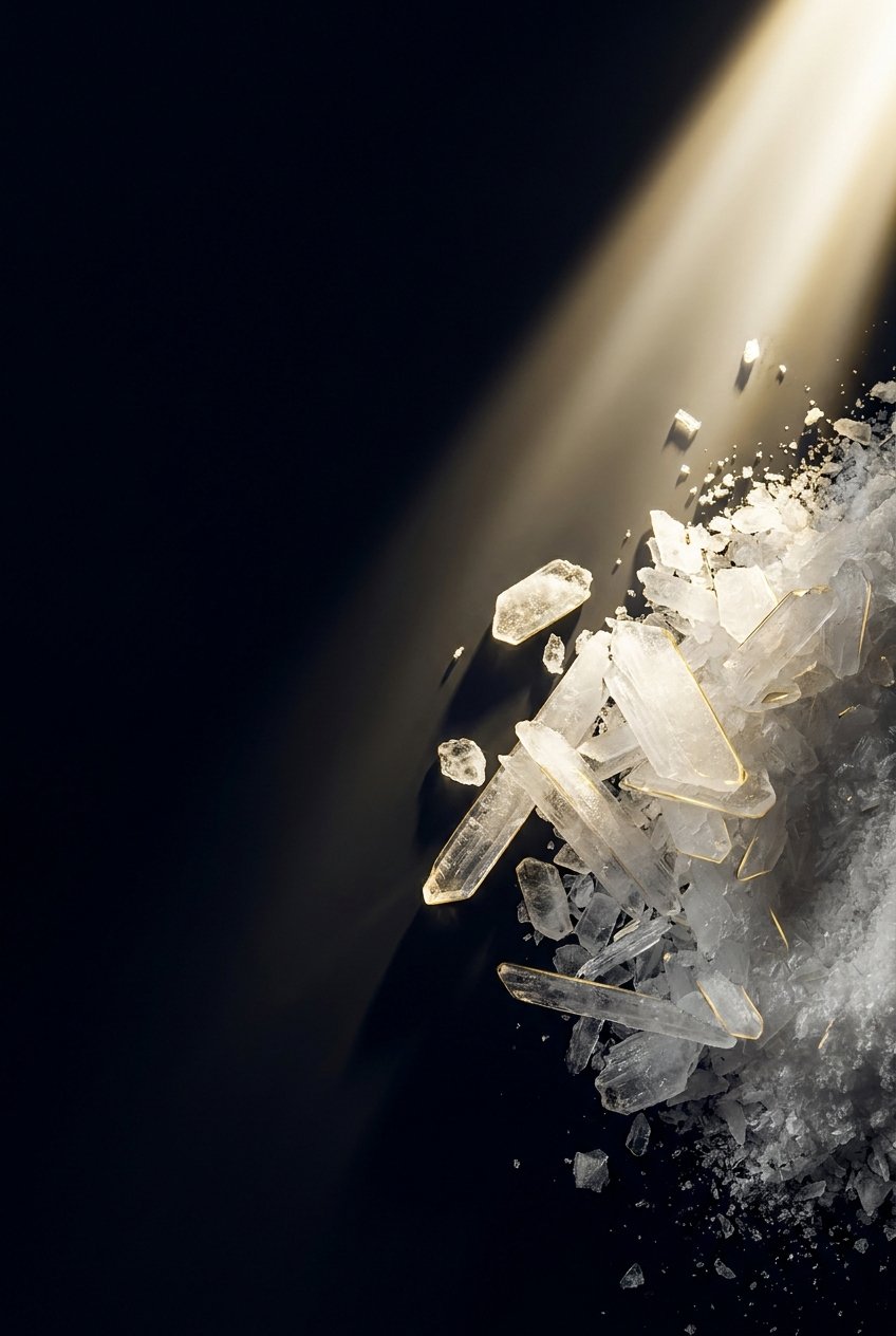 Fine white waxy lauric acid crystalline powder macro shot