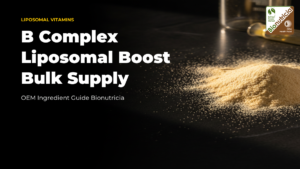 Liposomal B Complex phospholipid powder on a dark stone surface — bulk B2B B-vitamin ingredient