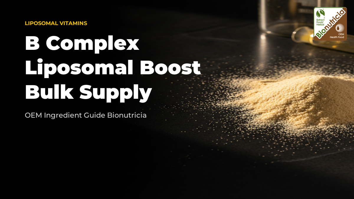 Liposomal B Complex phospholipid powder on a dark stone surface — bulk B2B B-vitamin ingredient