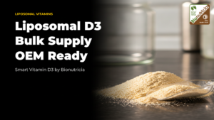 Liposomal D3 cholecalciferol phospholipid powder on a dark stone surface — bulk B2B vitamin D3 ingredient