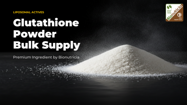 Liposomal glutathione powder shown as a mound of creamy white powder on a dark surface