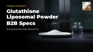 Liposomal glutathione powder in a laboratory dish on a dark studio surface