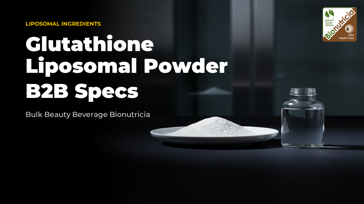 Liposomal glutathione powder in a laboratory dish on a dark studio surface