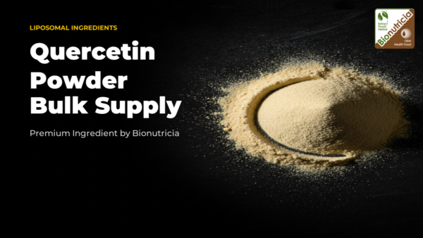 Liposomal quercetin powder shown as a mound of pale yellow powder on a dark surface