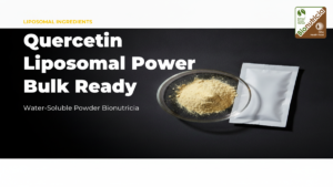Liposomal quercetin powder in a laboratory watch glass on a dark studio surface