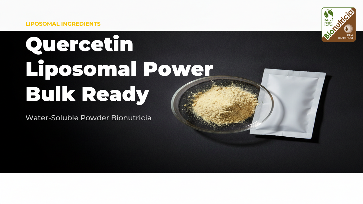 Liposomal quercetin powder in a laboratory watch glass on a dark studio surface