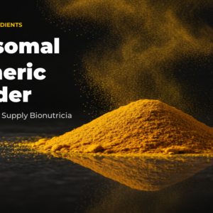 Liposomal turmeric powder shown as a mound of golden powder on a dark surface