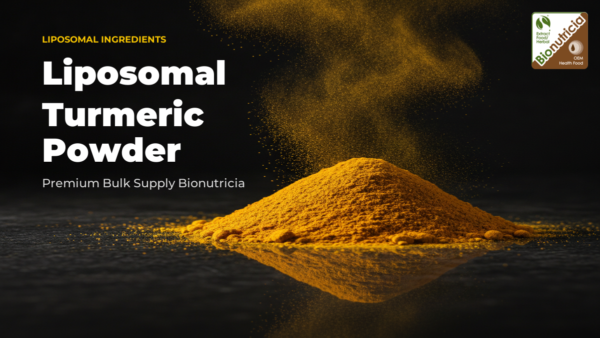 Liposomal turmeric powder shown as a mound of golden powder on a dark surface