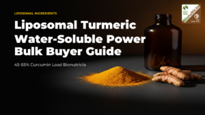 Liposomal turmeric powder with dried turmeric rhizome on a dark studio surface