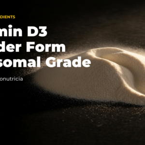 Liposomal vitamin D3 powder shown as a pale cream mound on dark polished stone