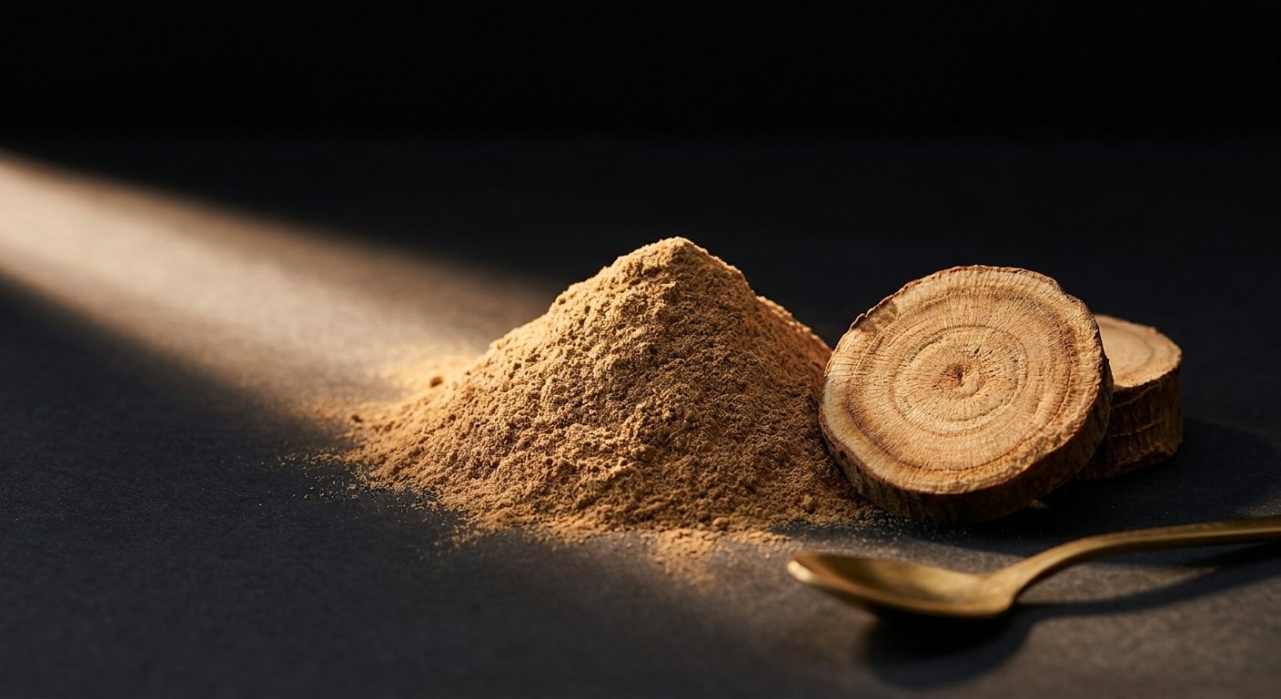 Tongkat Ali (Longjack) root extract powder with a cut cross-section of the root