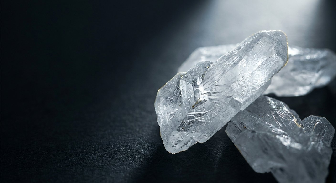 Translucent white menthol crystals macro shot