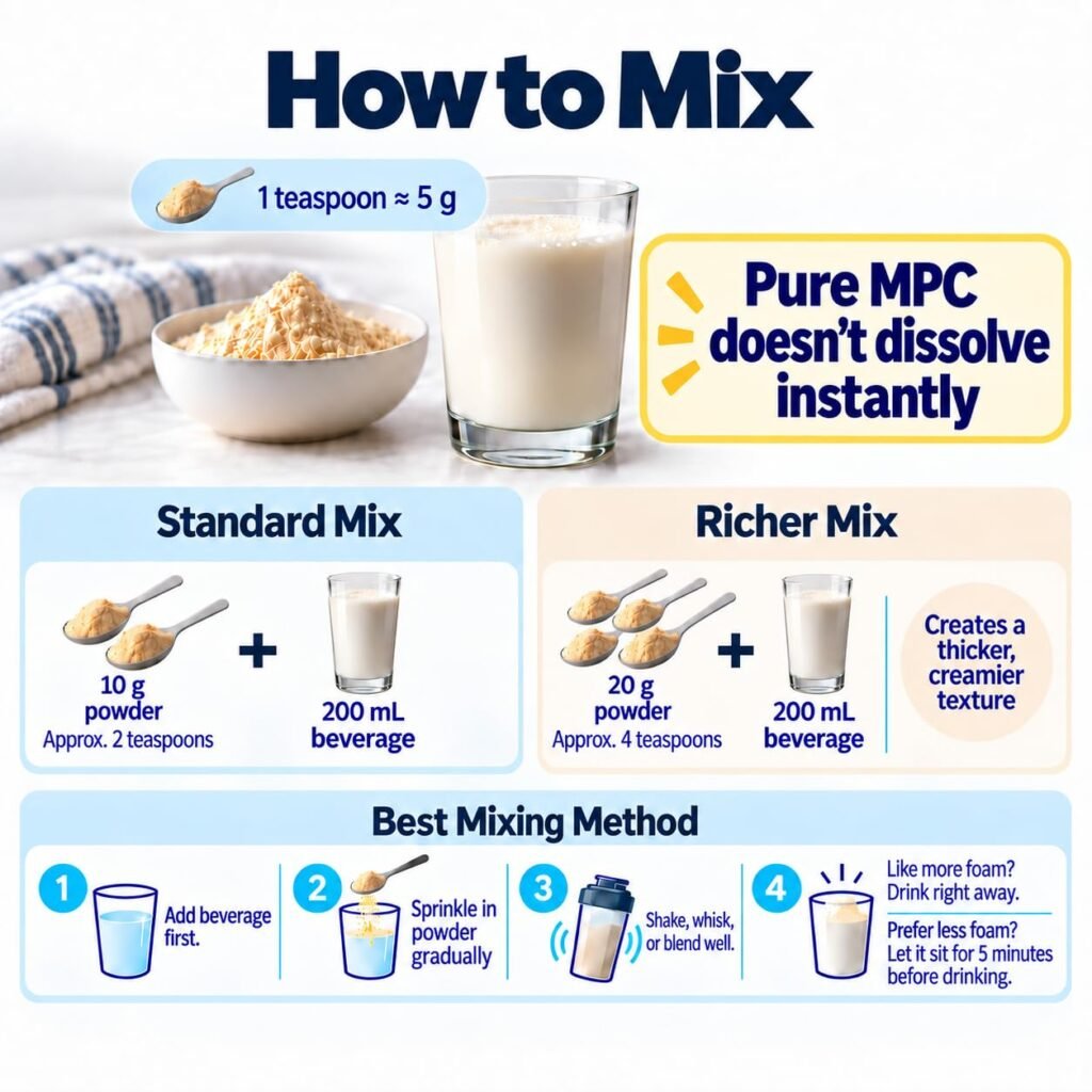 How to mix milk protein concentrate: 10 g or 20 g powder per 200 mL beverage, beverage first, powder sprinkled in gradually, then shaken, whisked or blended