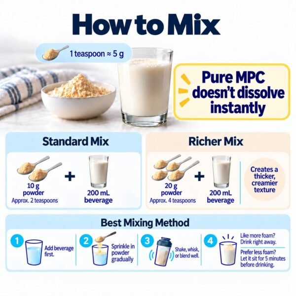 How to mix milk protein concentrate: 10 g powder (about 2 teaspoons) or 20 g (about 4 teaspoons) per 200 mL beverage; add the beverage first, sprinkle in the powder gradually, then shake, whisk or blend