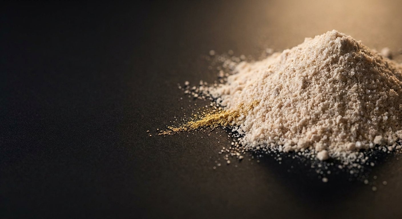Macro shot of fine mineral complex powder on a dark background with dramatic gold-lit highlights