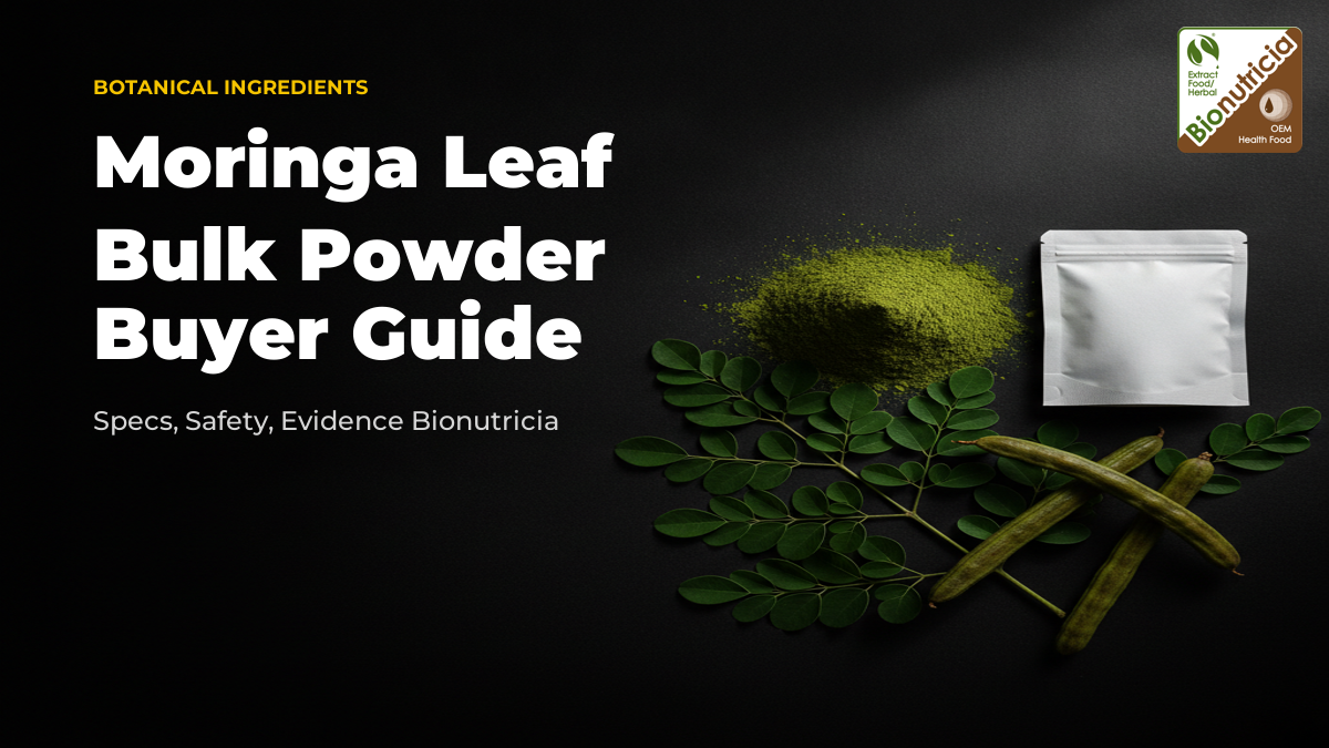 Vivid green moringa leaf powder with fresh moringa leaves on a dark studio surface