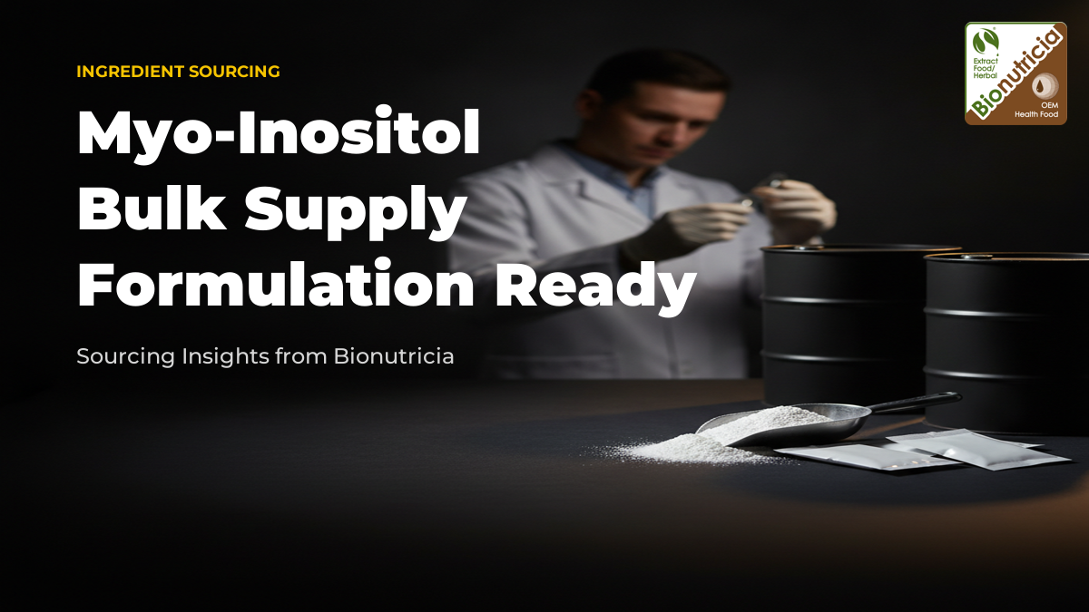 Myo-Inositol bulk supply and sourcing scene with sample sachets and drums on a lab table