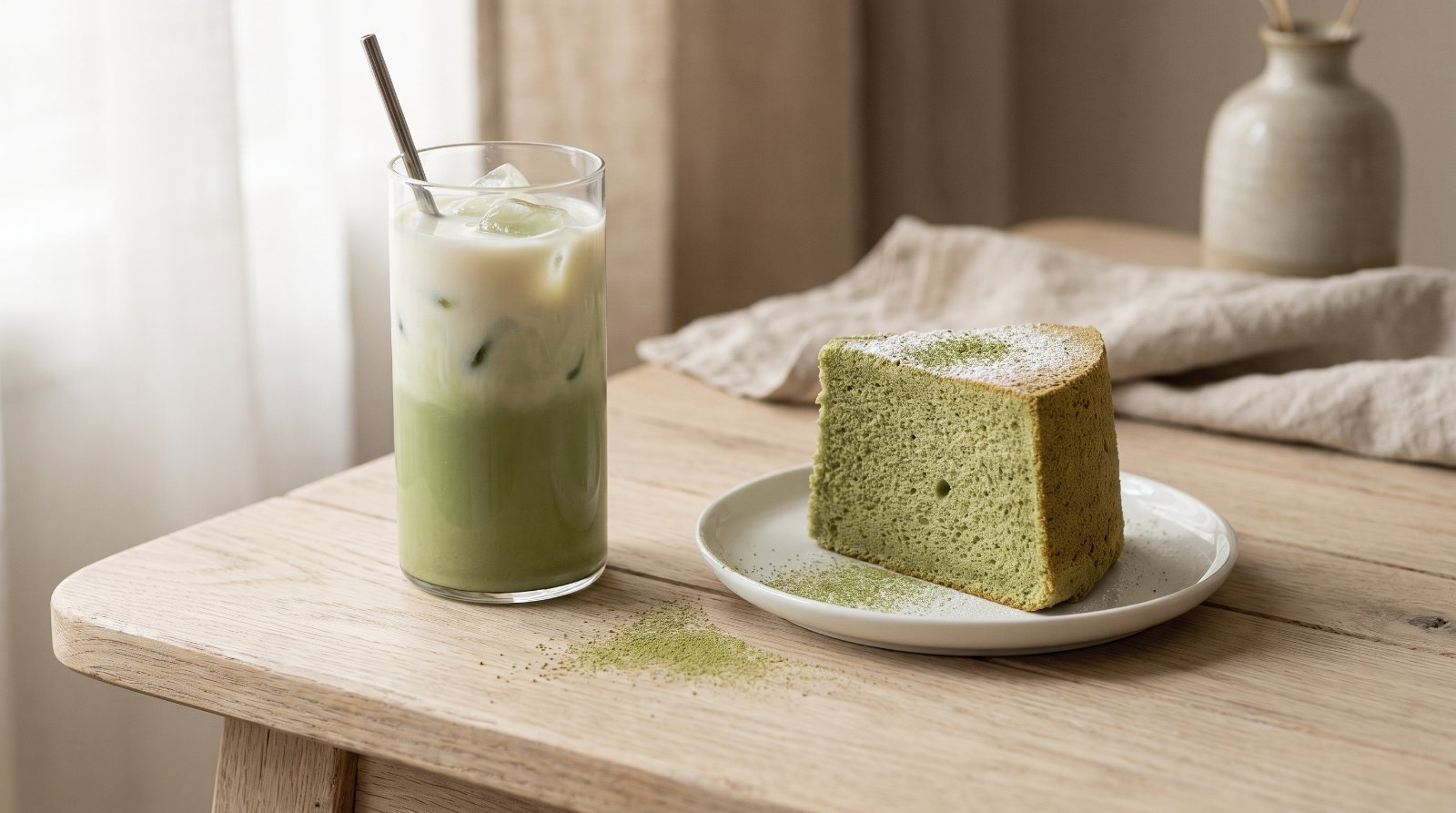 An iced pandan drink beside a slice of pandan chiffon cake, both a soft natural green rather than bright neon green