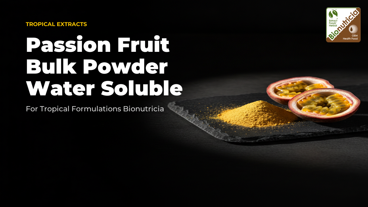 Passion fruit extract powder beside a halved passion fruit — bulk B2B tropical fruit extract